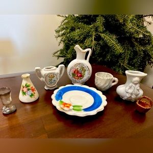 Set of 8 miniature vintage porcelain vases, pitcher, cups + plate made in Japan